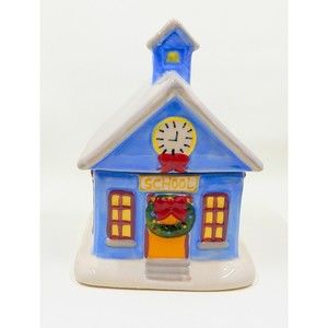 Temptations Christmas Village Lidded Ceramic Small Blue Schoolhouse Canister